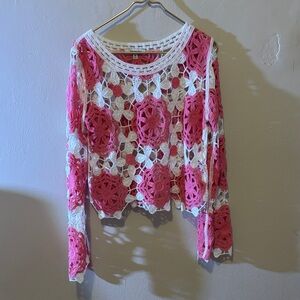 Francesca's Collections Pink and White Crochet Blouse